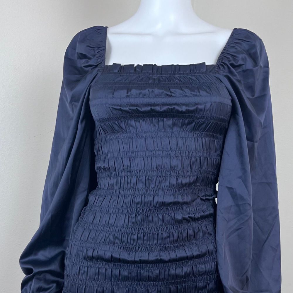 Dress Forum Women Size S Blue Smocked Satin Pullover Long Sleeve Mini NEW Dress - Picture 2 of 15